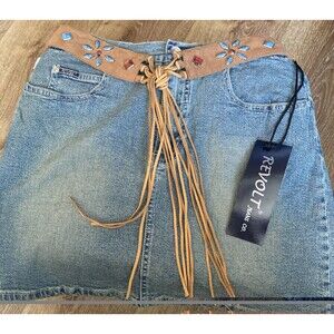 NWT size 7/8 Revolt jeans company jean skirt with faux suede fringe belt Vtg